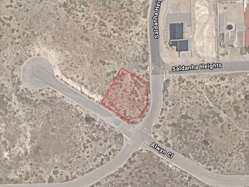 An aerial view showing the vacant residential plot highlighted in red, situated at the corner of Saldanha Heights and Alwyn Close.