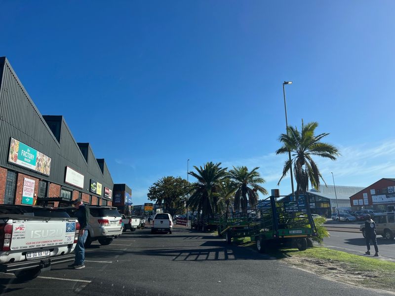 Exterior view of a commercial property complex featuring an asphalt parking area, street lighting, and established palm trees along the building facade.