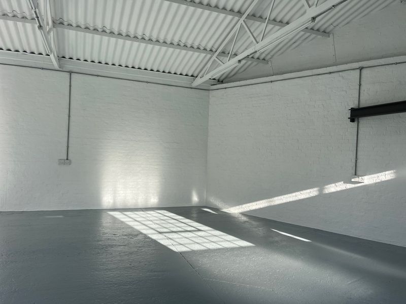 A clean, bright, and vacant commercial utility space featuring exposed roof trusses, painted brick walls, and durable painted concrete flooring.