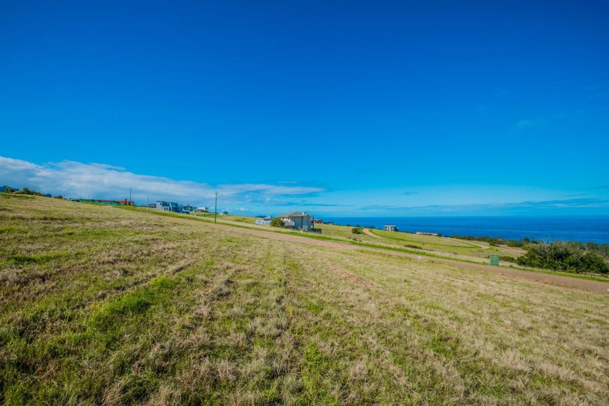 A wide-angle view of a vacant residential plot featuring a gentle slope and expansive coastal ocean views.