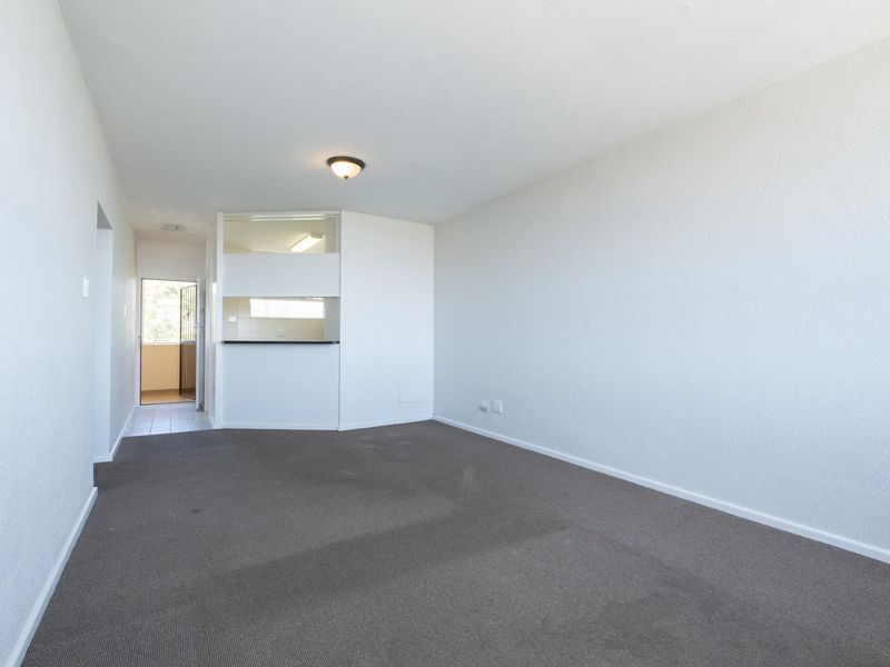 An empty open-plan living area featuring neutral walls, carpeted flooring, and a convenient pass-through window connecting to the kitchen space.