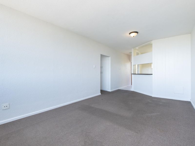 An empty living room featuring neutral carpet flooring and a convenient pass-through window connecting to the kitchen area.