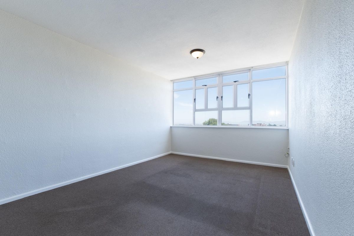 A bright, empty bedroom featuring neutral carpeted flooring, textured walls, and a large window providing natural light.