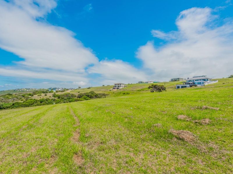 A wide-angle view of a sloped, grassy vacant residential plot with surrounding neighborhood homes visible in the distance.