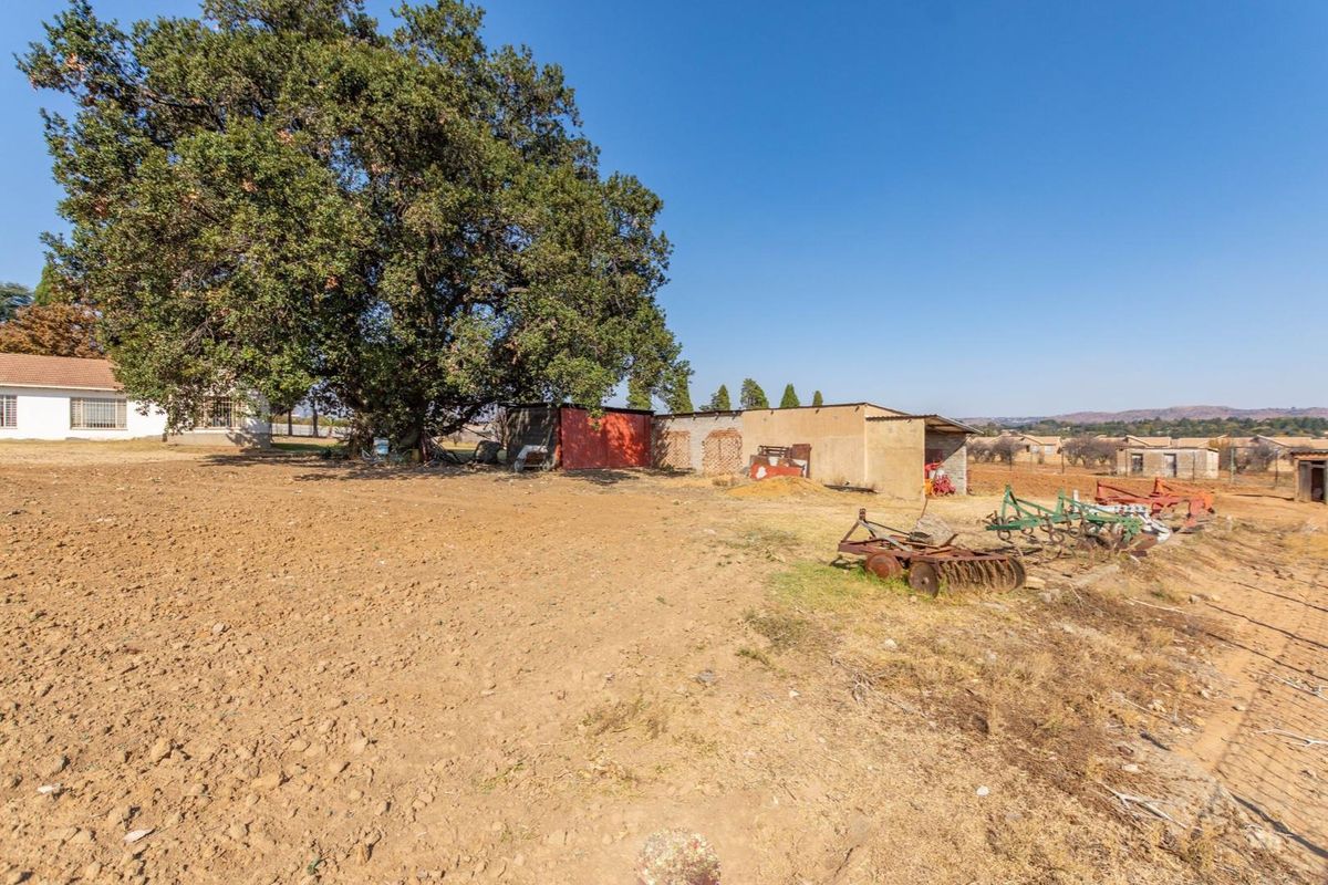 A view of the vacant residential land featuring a large mature tree and an existing outbuilding structure with weathered exterior finishes.