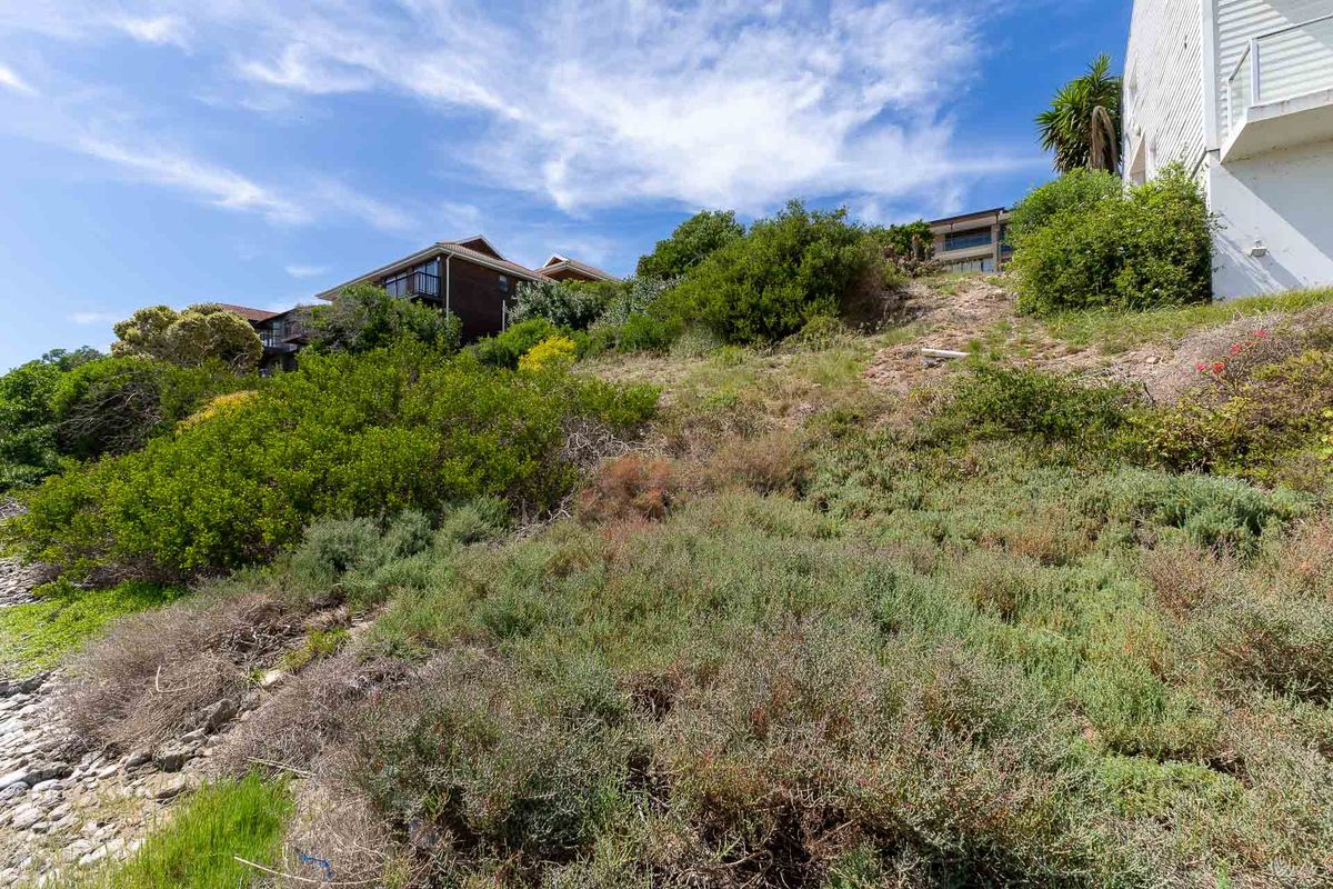 A sloped, undeveloped residential plot featuring natural coastal vegetation and surrounding residential properties.