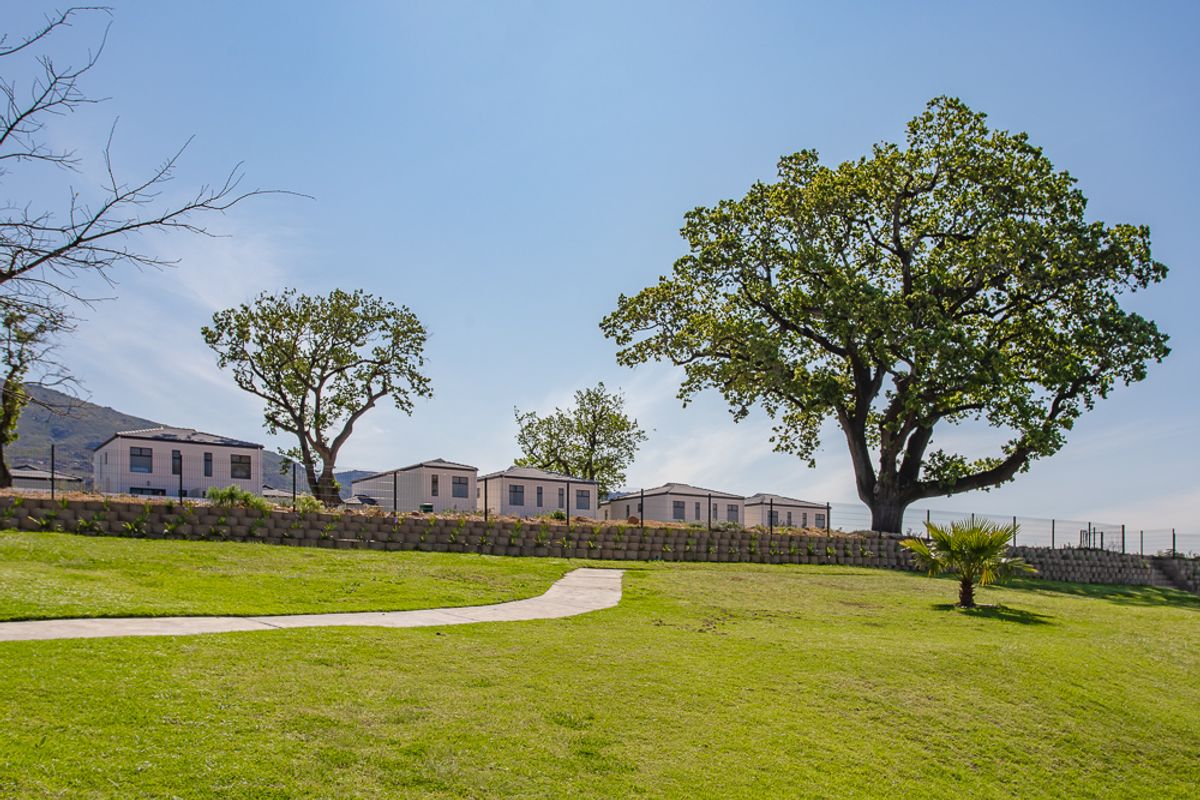 A view of the townhouse complex exterior featuring landscaped lawns, mature trees, and a retaining wall structure.