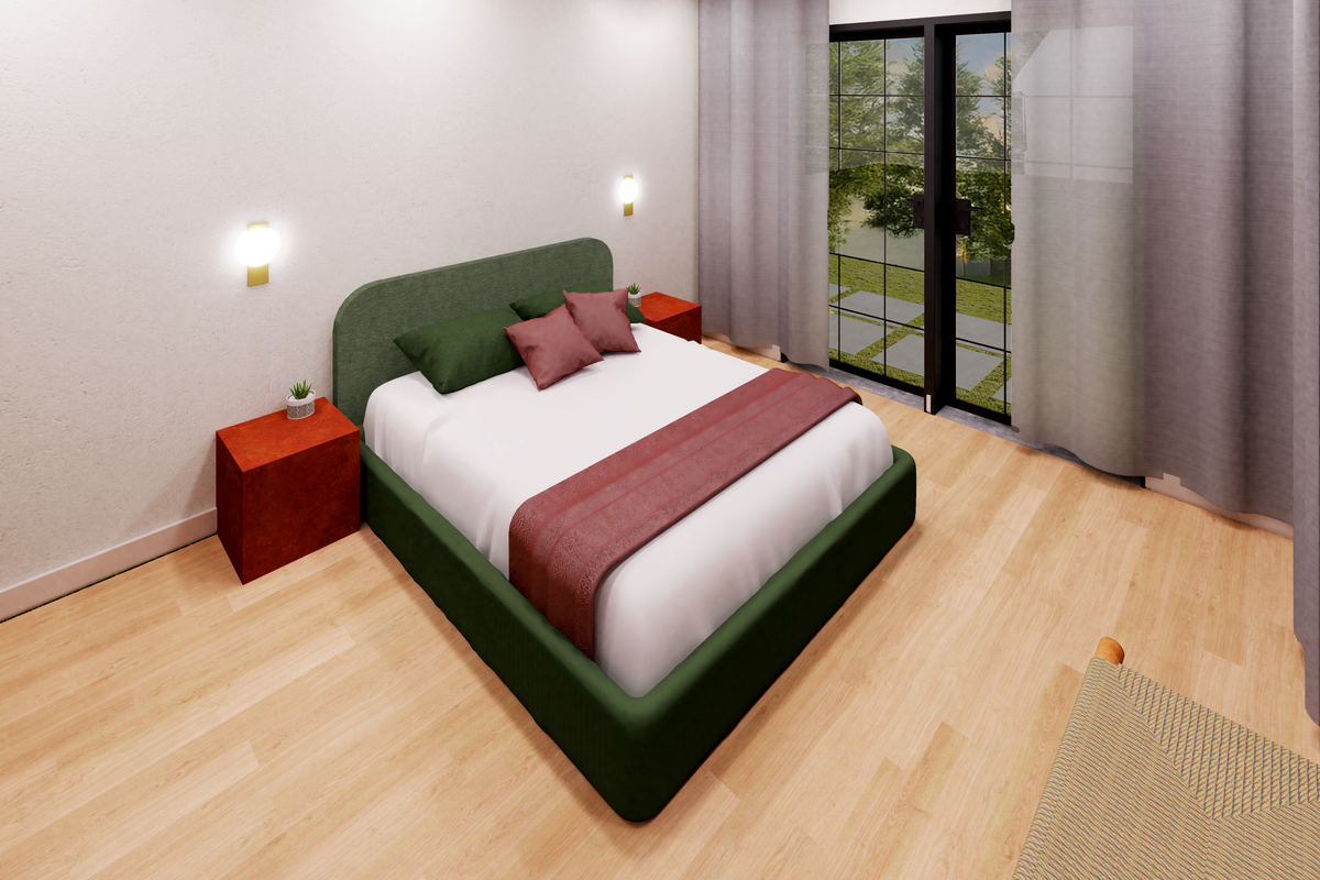 A modern bedroom featuring light wood flooring, recessed ceiling lighting, wall-mounted sconces, and large sliding glass doors providing access to the outdoor area.