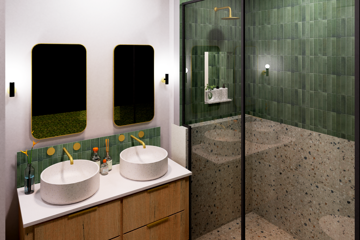 Modern bathroom featuring a double vanity with vessel sinks, terrazzo flooring, and a walk-in shower with green subway tile accents.
