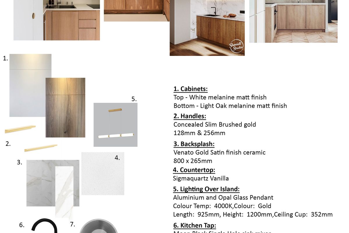A professional kitchen design board featuring white and light oak cabinetry, marble-look backsplash, quartz countertops, and high-quality integrated Bosch appliances.