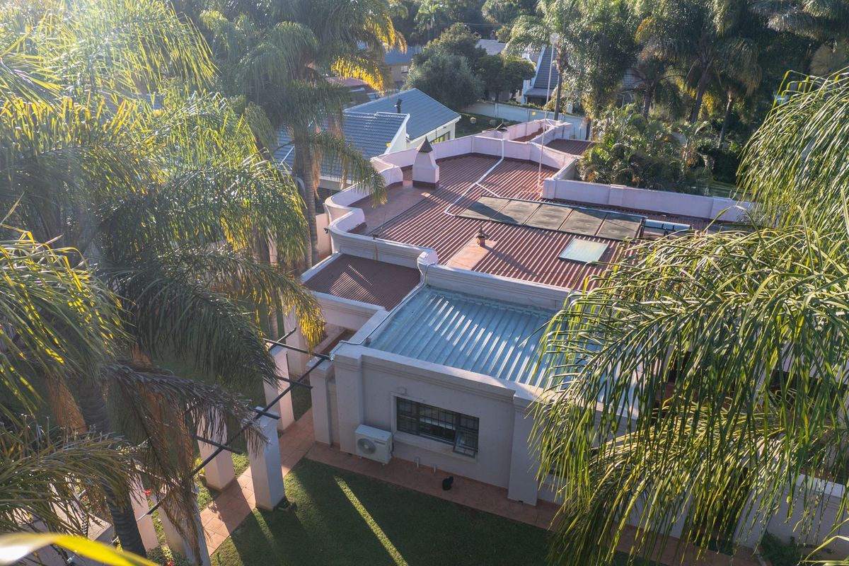 Aerial view of the property showing the roof structure, surrounding garden, and mature palm trees.