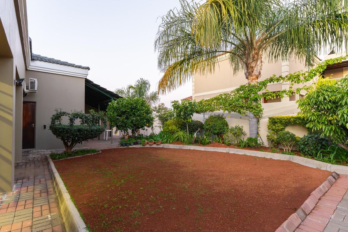 A private rear garden featuring a paved patio area, established palm tree, and a central lawn space adjacent to the house exterior.
