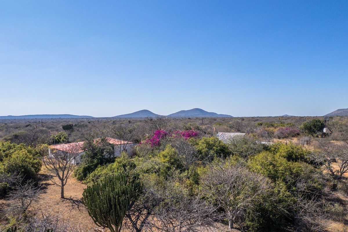 An aerial view of the farm property, showcasing the main dwelling nestled within the natural landscape and surrounding bushveld.