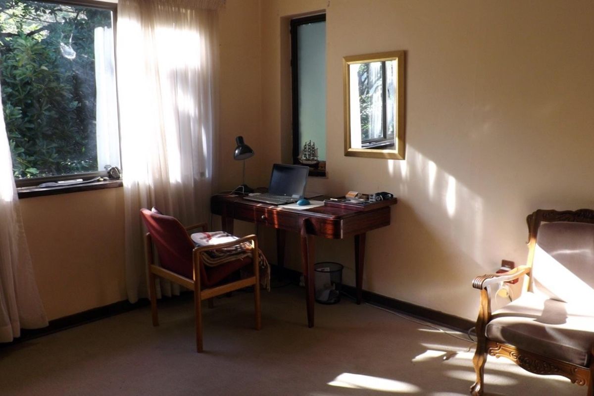 A sunlit bedroom featuring neutral walls, carpeted flooring, and large windows providing natural light and garden views.