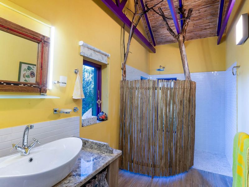 A unique bathroom featuring a vessel sink on a granite vanity, a walk-in shower with a rustic bamboo screen, and a vaulted reed ceiling.