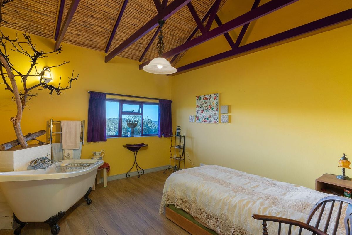 A unique bedroom featuring an open-plan layout with an integrated clawfoot bathtub, vaulted timber-slatted ceiling, and exposed purple-painted roof trusses.