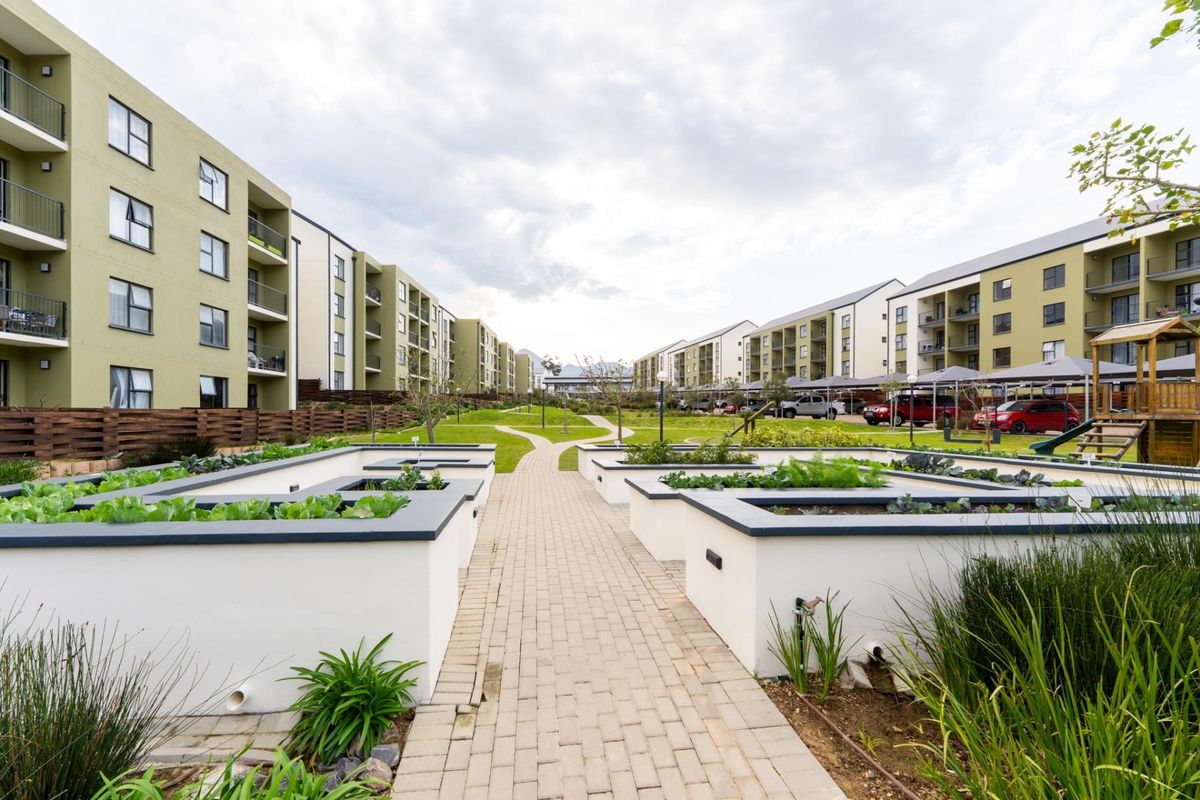 A well-maintained communal garden area featuring raised vegetable beds, a paved central walkway, and landscaped lawns between apartment blocks with covered parking.