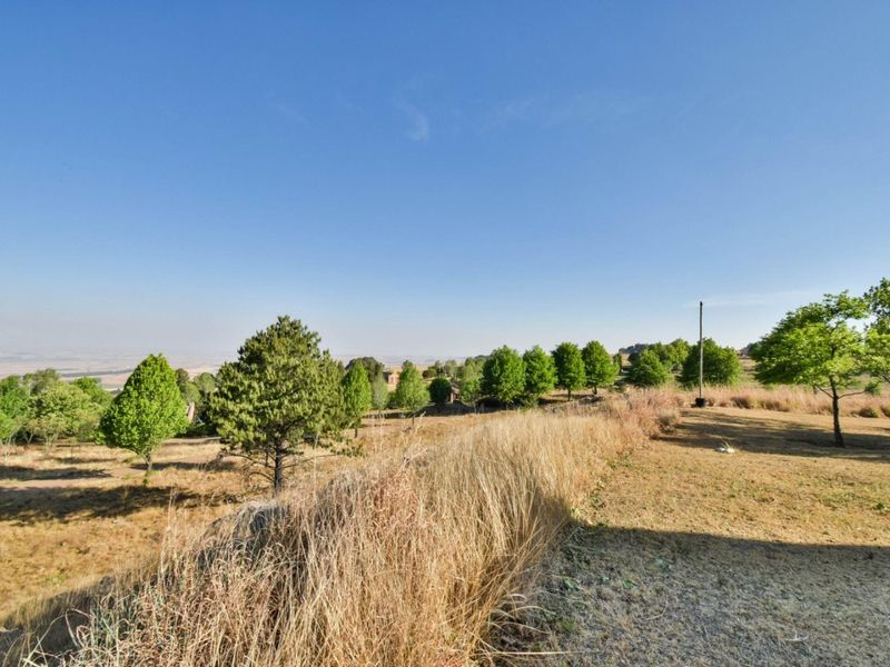 A wide-angle view of the property grounds featuring mature trees and expansive open landscape under a clear blue sky.