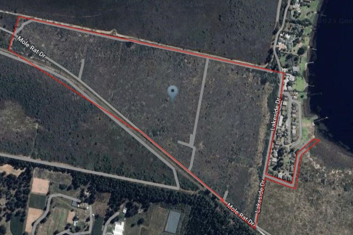 Aerial view of a large, undeveloped residential land parcel with road access from Mole Rat Drive and Lakeside Drive.