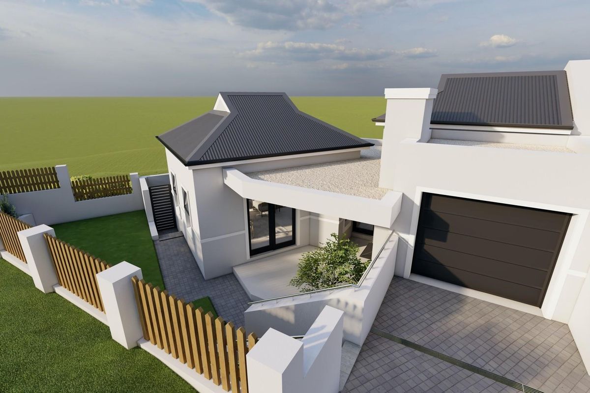 An aerial view of a modern residential property featuring a paved driveway, garage, and landscaped garden with perimeter fencing.