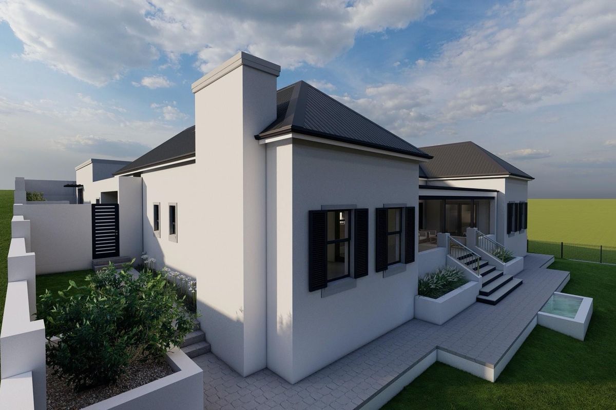 A high-quality 3D architectural rendering of a modern house exterior, featuring a paved patio, built-in planters, and a sleek metal roof design.