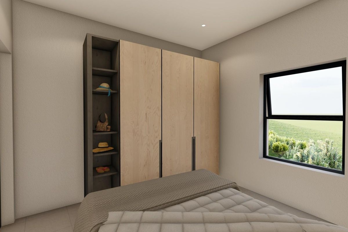 A modern bedroom featuring built-in light wood cabinetry with integrated shelving and a large window providing natural light and garden views.