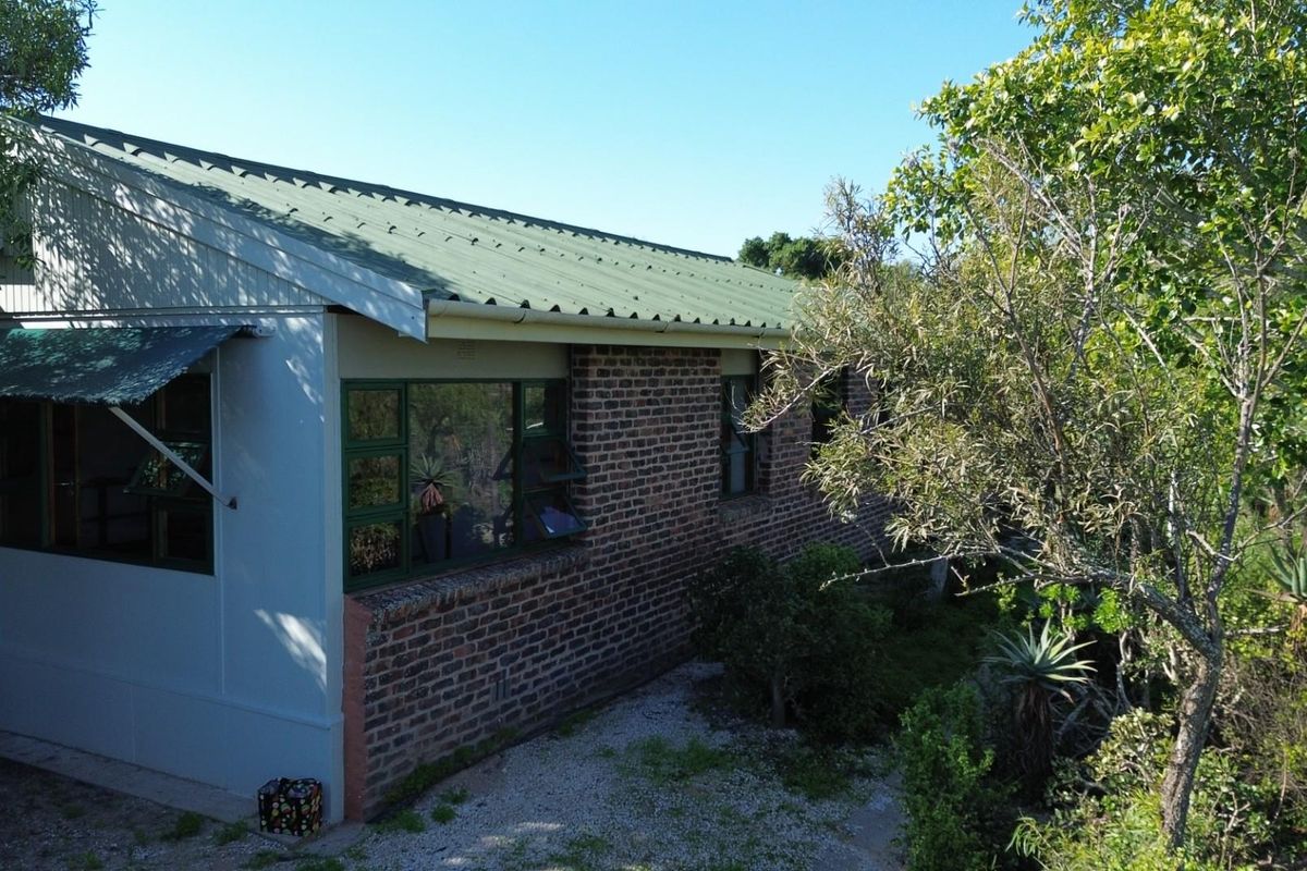 Exterior view of a brick house featuring a green corrugated metal roof, green-framed windows, and a small covered patio area surrounded by mature garden foliage.