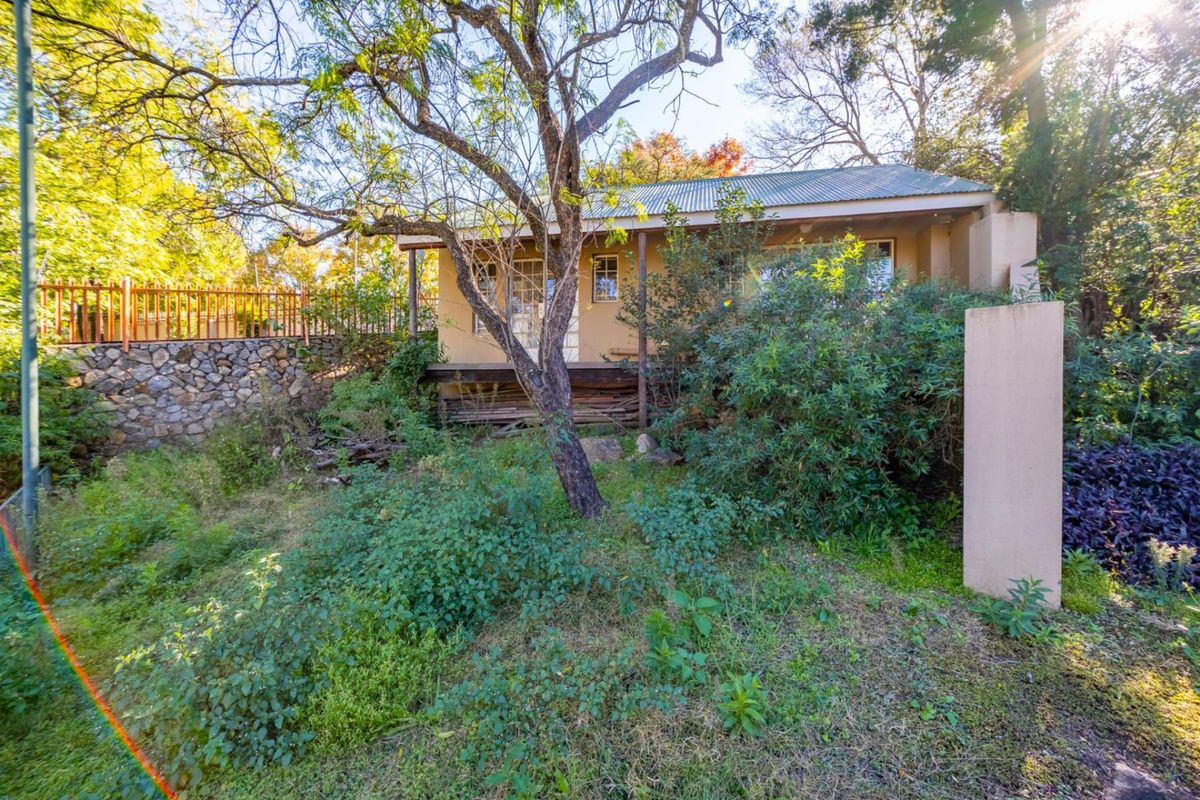 Rear view of the property featuring a covered patio area, stone retaining wall, and an overgrown garden setting.