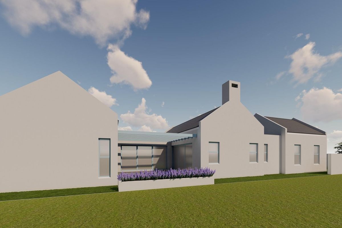 A digital architectural rendering of a modern farmhouse-style residence featuring a gabled roof, chimney, and a central patio area with a pergola.