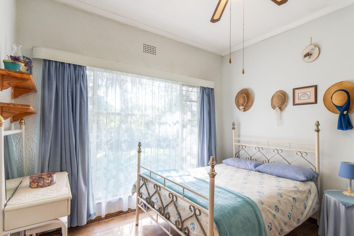A bright bedroom featuring a large window with curtains, a ceiling fan, and wooden flooring.
