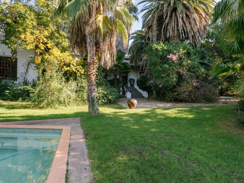 A lush rear garden featuring a swimming pool, mature palm trees, and a paved pathway leading to the main house entrance.