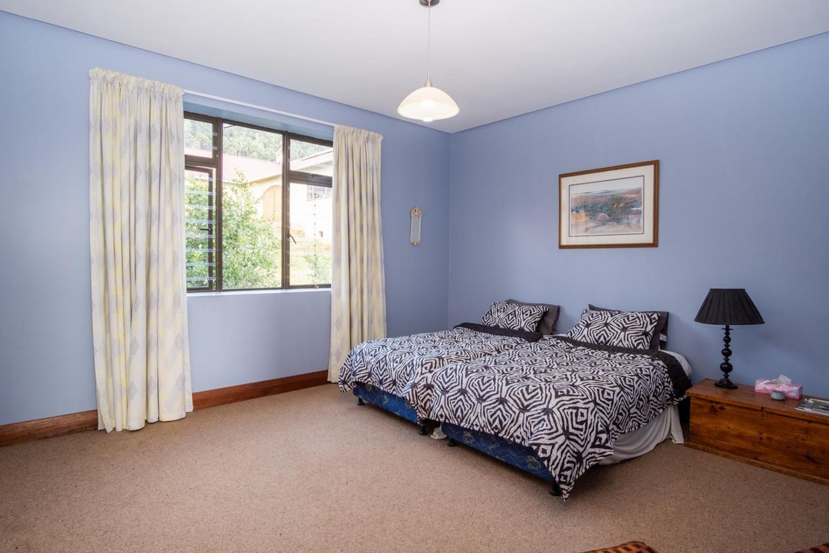 A spacious bedroom featuring neutral carpeting, light blue walls, and a large window providing natural light.