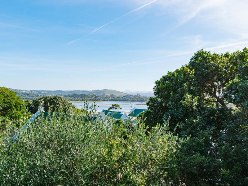 A scenic elevated view overlooking a coastal landscape with lush greenery and distant hills under a clear blue sky.