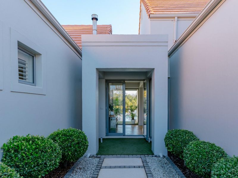 A clean and modern entrance featuring a paved walkway leading to a glass front door, flanked by manicured shrubs and neutral exterior walls.