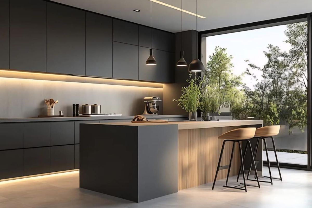 Modern kitchen featuring matte black cabinetry, a large central island with wood-grain detailing, integrated lighting, and floor-to-ceiling windows overlooking the garden.