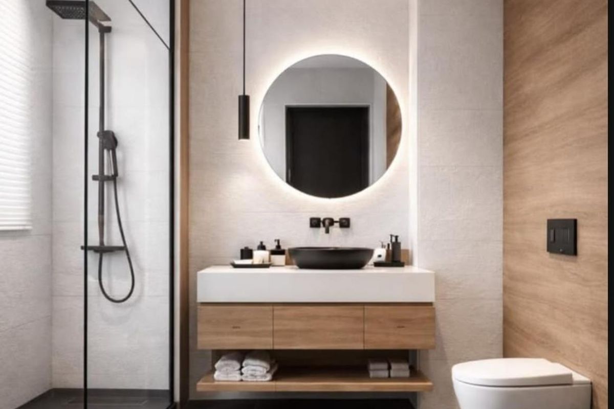 Modern bathroom featuring a floating timber vanity, vessel sink, wall-mounted toilet, and a walk-in glass shower enclosure with matte black fixtures.
