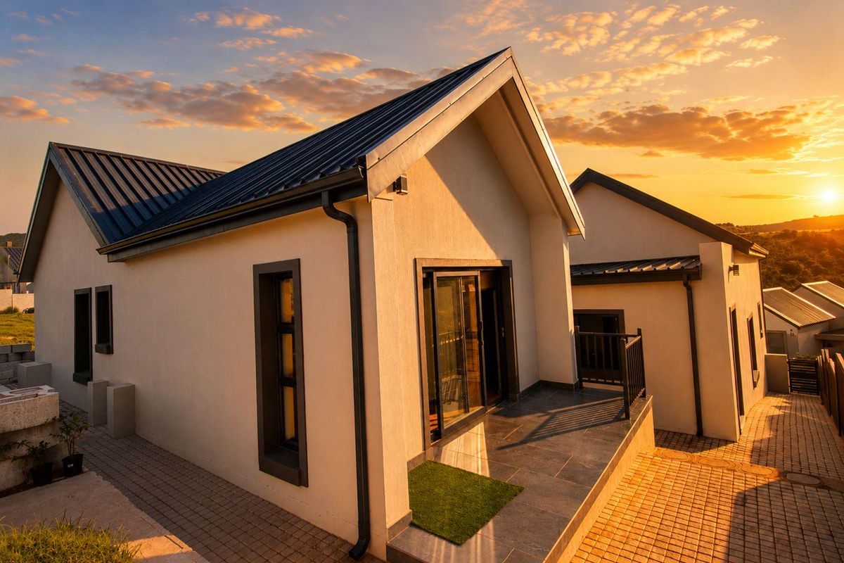 A modern residential exterior featuring a pitched metal roof, tiled patio area, and paved walkways, captured during a scenic sunset.