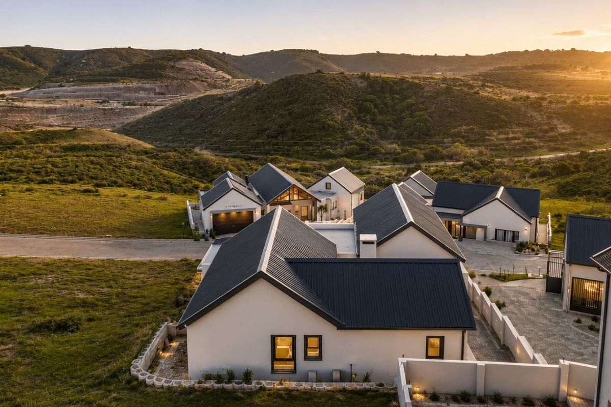 An elevated aerial view of a modern residential estate featuring multiple homes with dark metal roofs, set against a scenic hilly landscape at sunset.