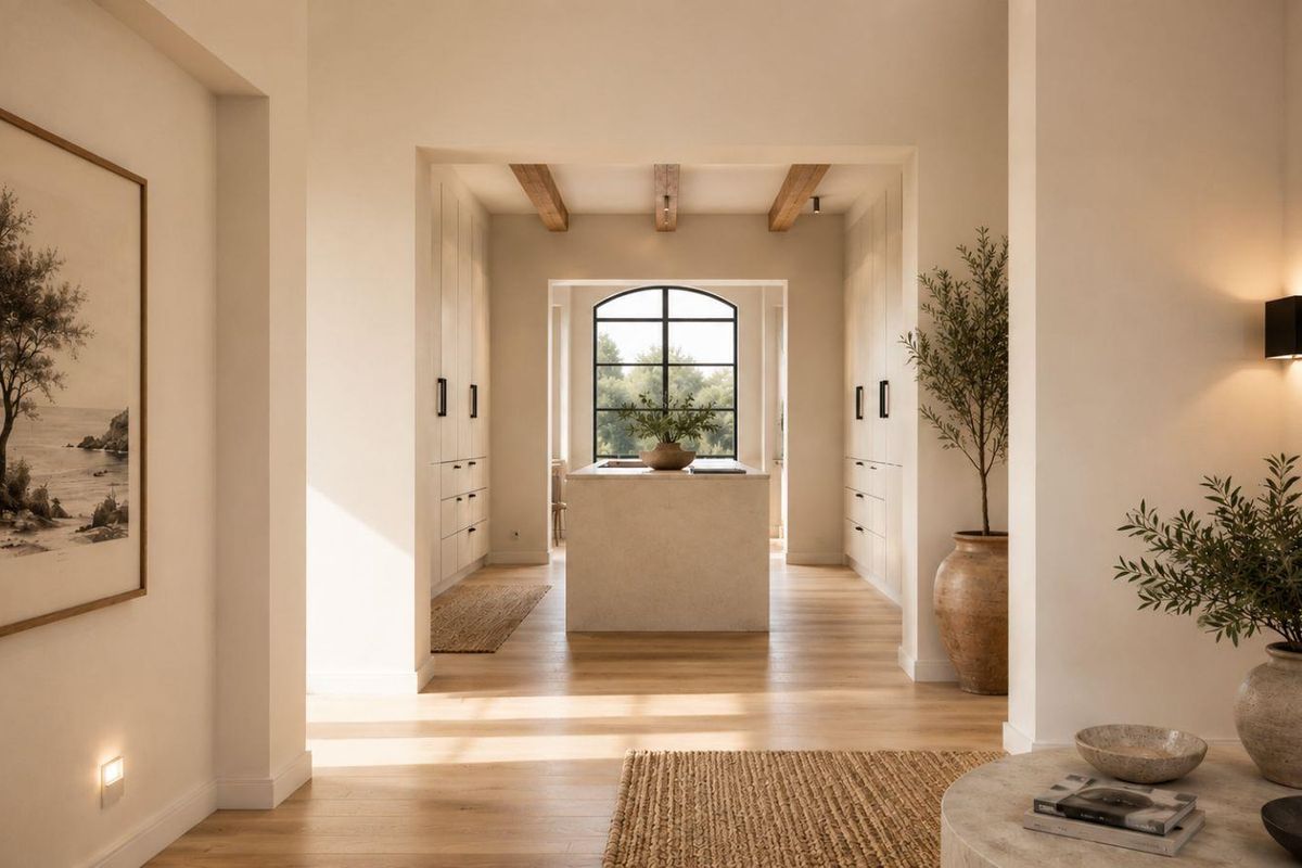 A sophisticated, light-filled kitchen featuring custom cabinetry, a central stone island, and exposed timber ceiling beams, leading to a large arched window.