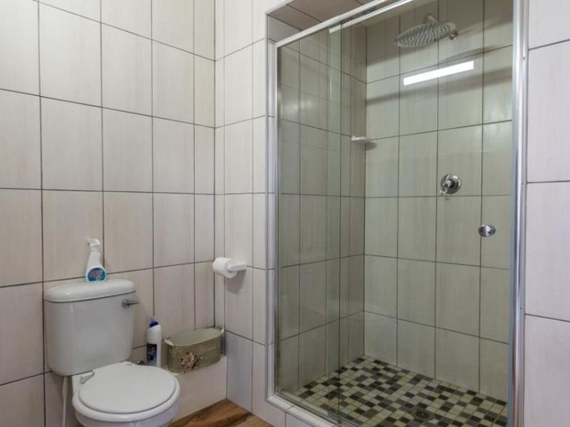 A clean, modern bathroom featuring a walk-in shower with a glass enclosure, tiled walls, and wood-look floor tiles.
