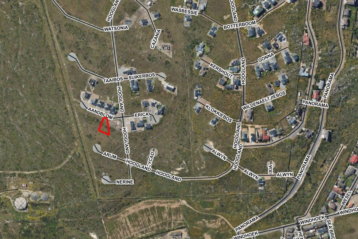 An aerial view of a residential estate showing the location of the vacant land plot highlighted in red.