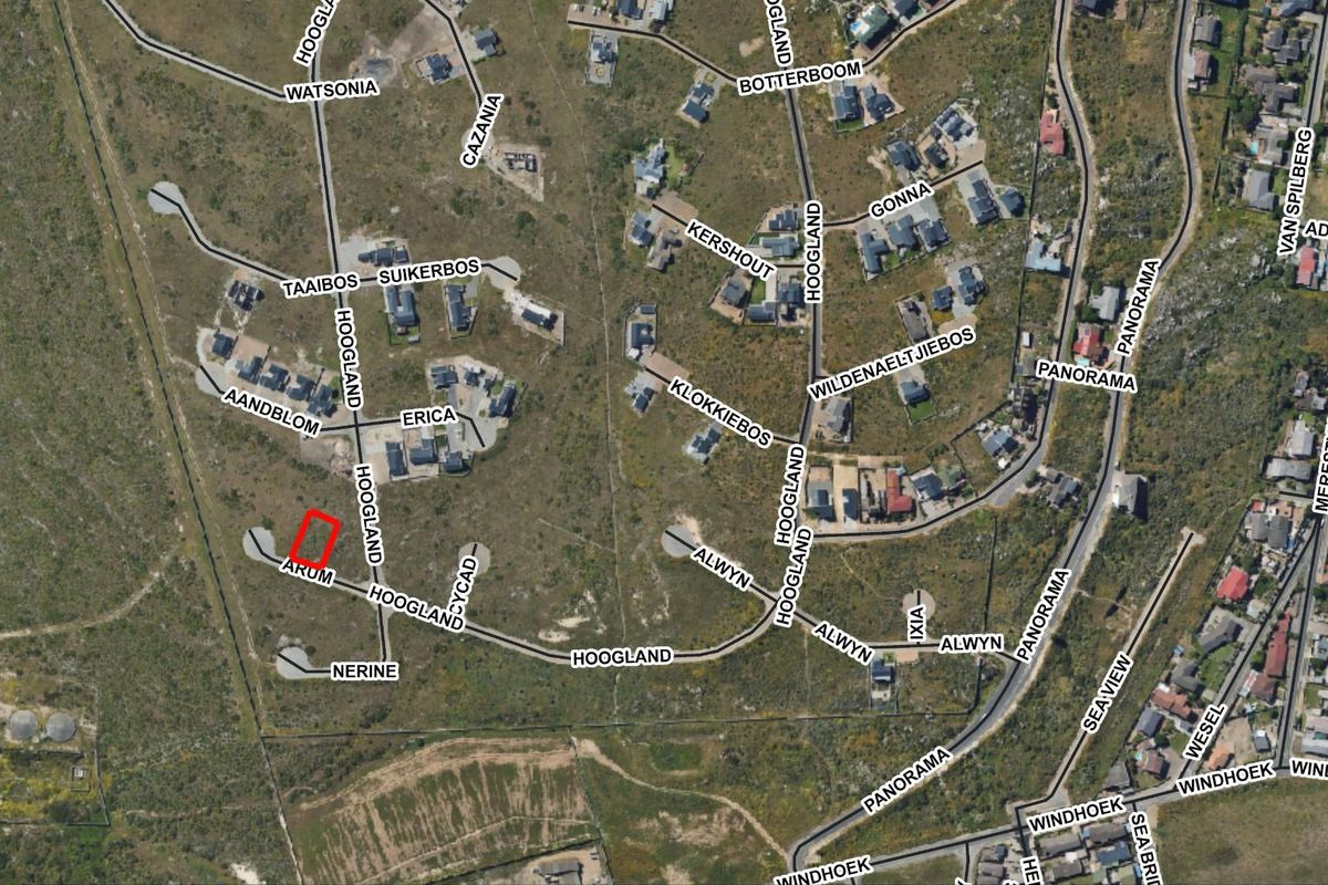 Aerial view of the residential estate showing the location of the vacant land plot highlighted in red.