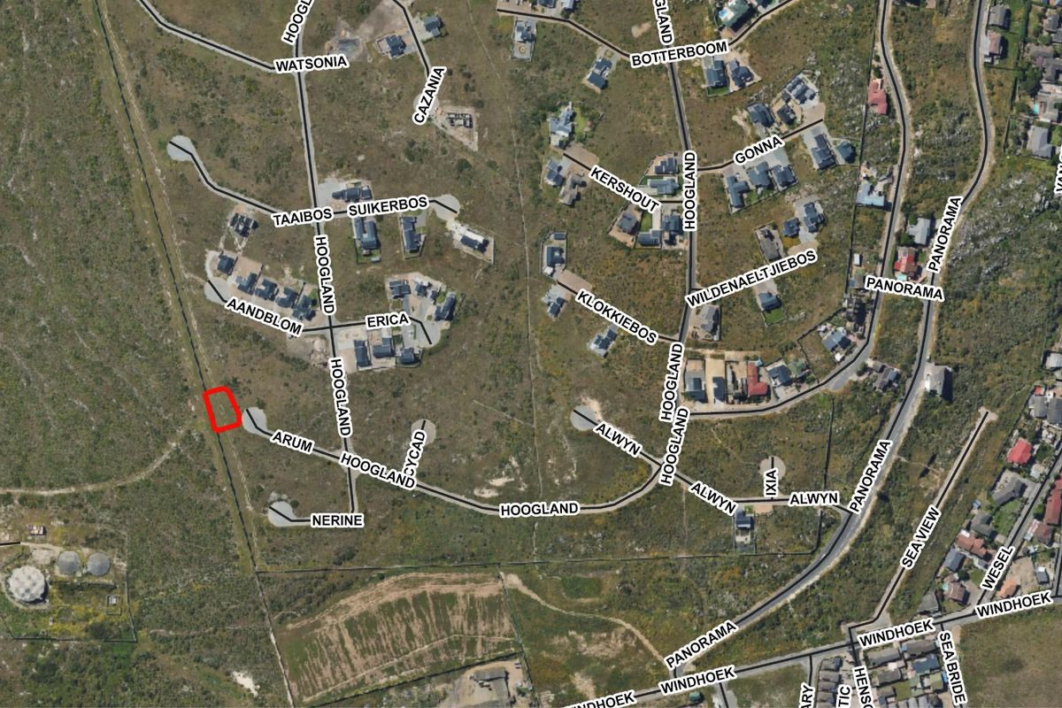 Aerial view of a residential estate showing the location of the vacant land plot highlighted in red within the surrounding neighborhood.