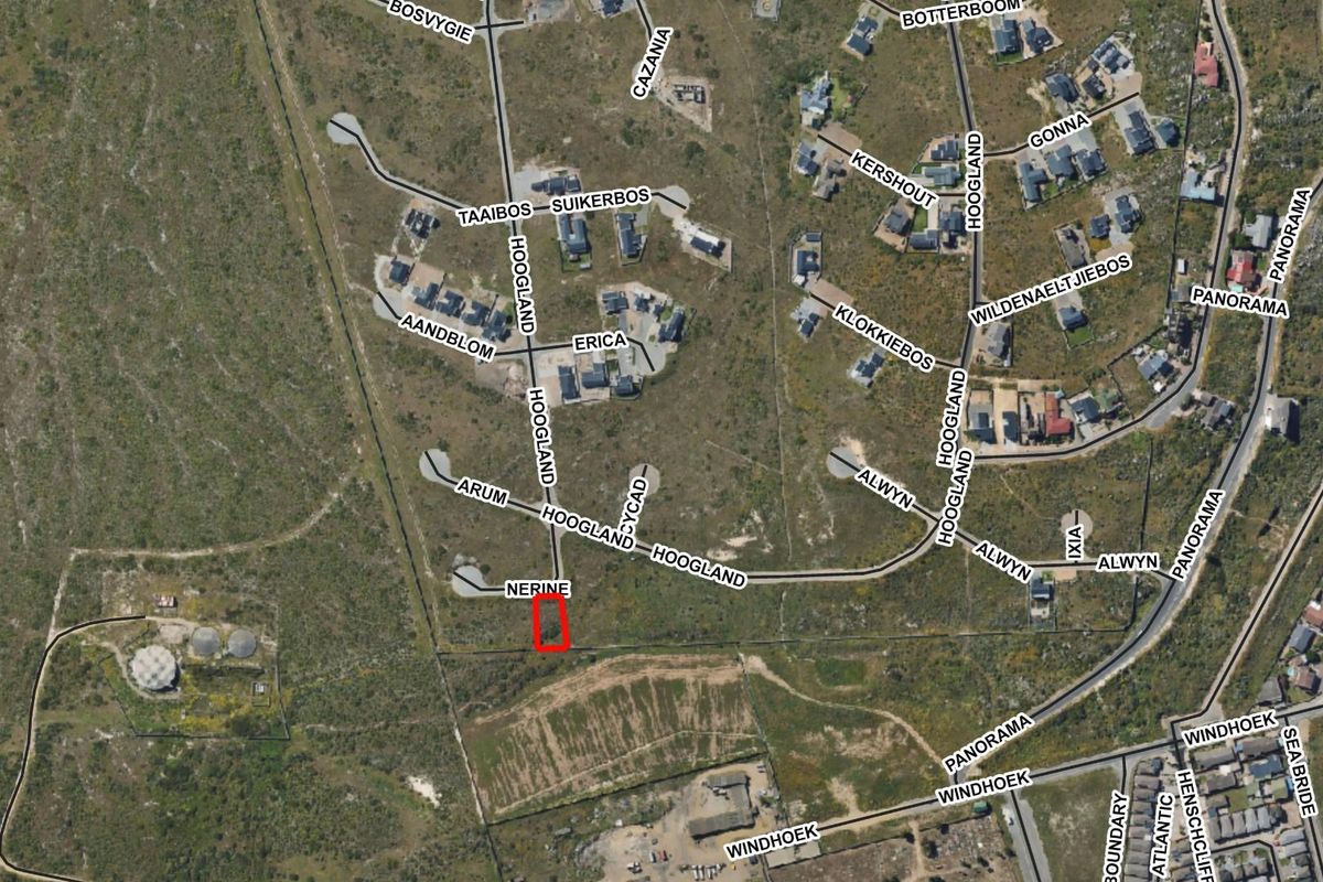 Aerial view of the residential vacant land plot highlighted in red, situated within a developed neighborhood with established road access.