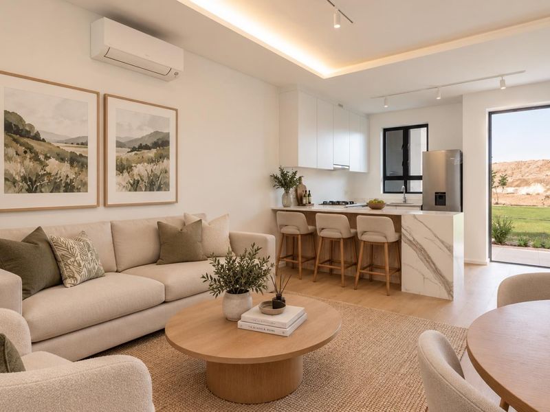Modern open-plan living and kitchen area featuring high-end finishes, marble-look island, recessed lighting, and seamless access to the outdoor space.