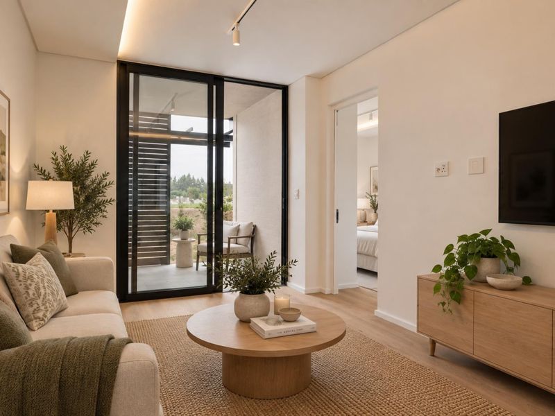 A modern, well-lit living room featuring light wood flooring, recessed ceiling lighting, and a large sliding glass door leading to an outdoor balcony area.
