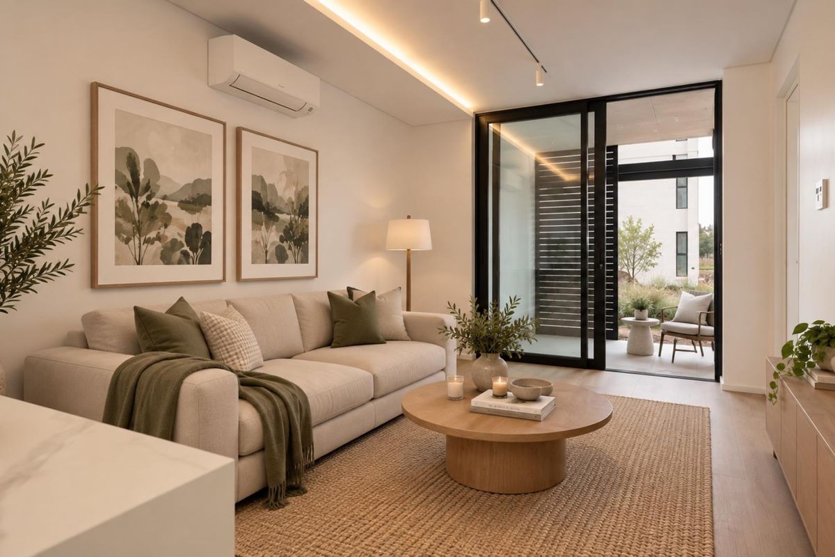 Modern living room featuring sleek laminate flooring, recessed ceiling lighting, and large sliding glass doors that open onto a private patio area.