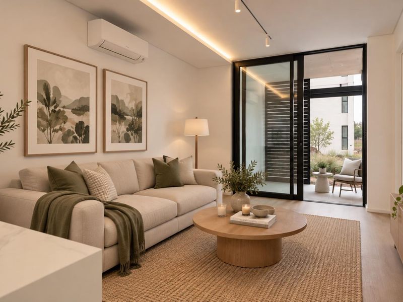 Modern living room featuring sleek laminate flooring, recessed ceiling lighting, and large sliding glass doors that open onto a private patio area.