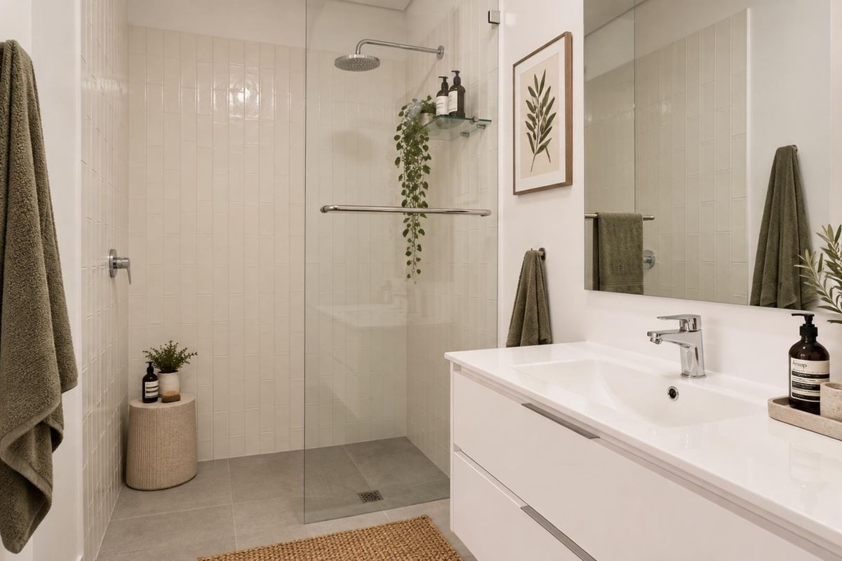 Modern bathroom featuring a walk-in shower with a glass screen, rain shower head, and a sleek white vanity with an integrated basin and mirror.