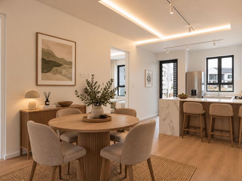 A modern open-plan living and dining area featuring a marble kitchen island, recessed ceiling lighting, and high-quality laminate flooring throughout.